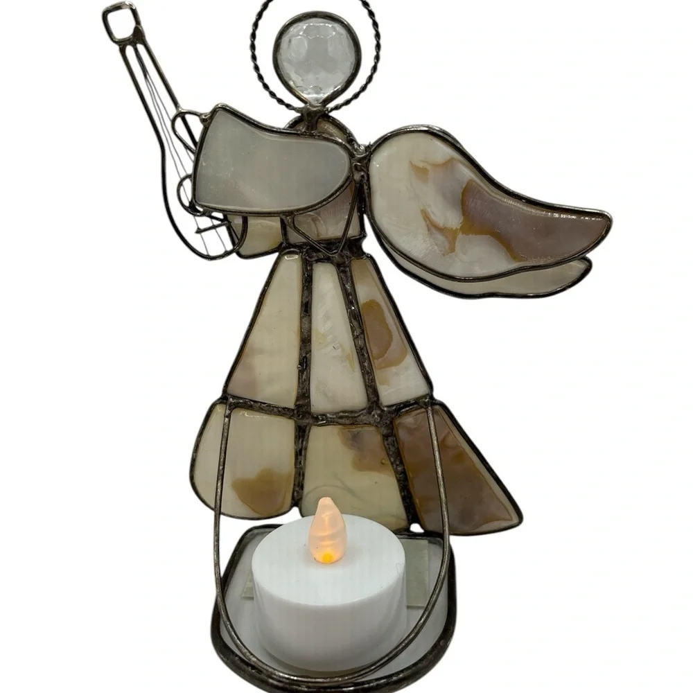 Capiz Shell Silver Tone Metal Angel Tea Light Candle Holder